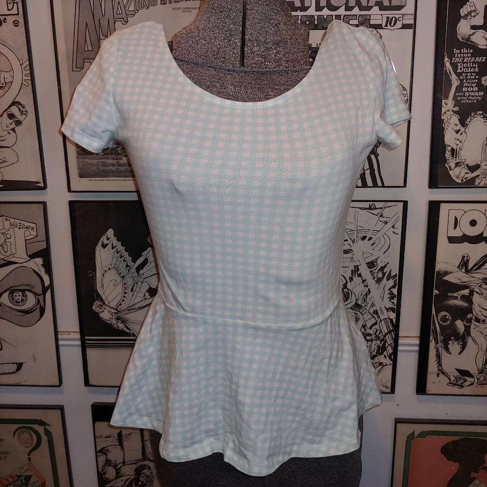 H&M Gingham Peplum Stretchy Spring Top Shirt